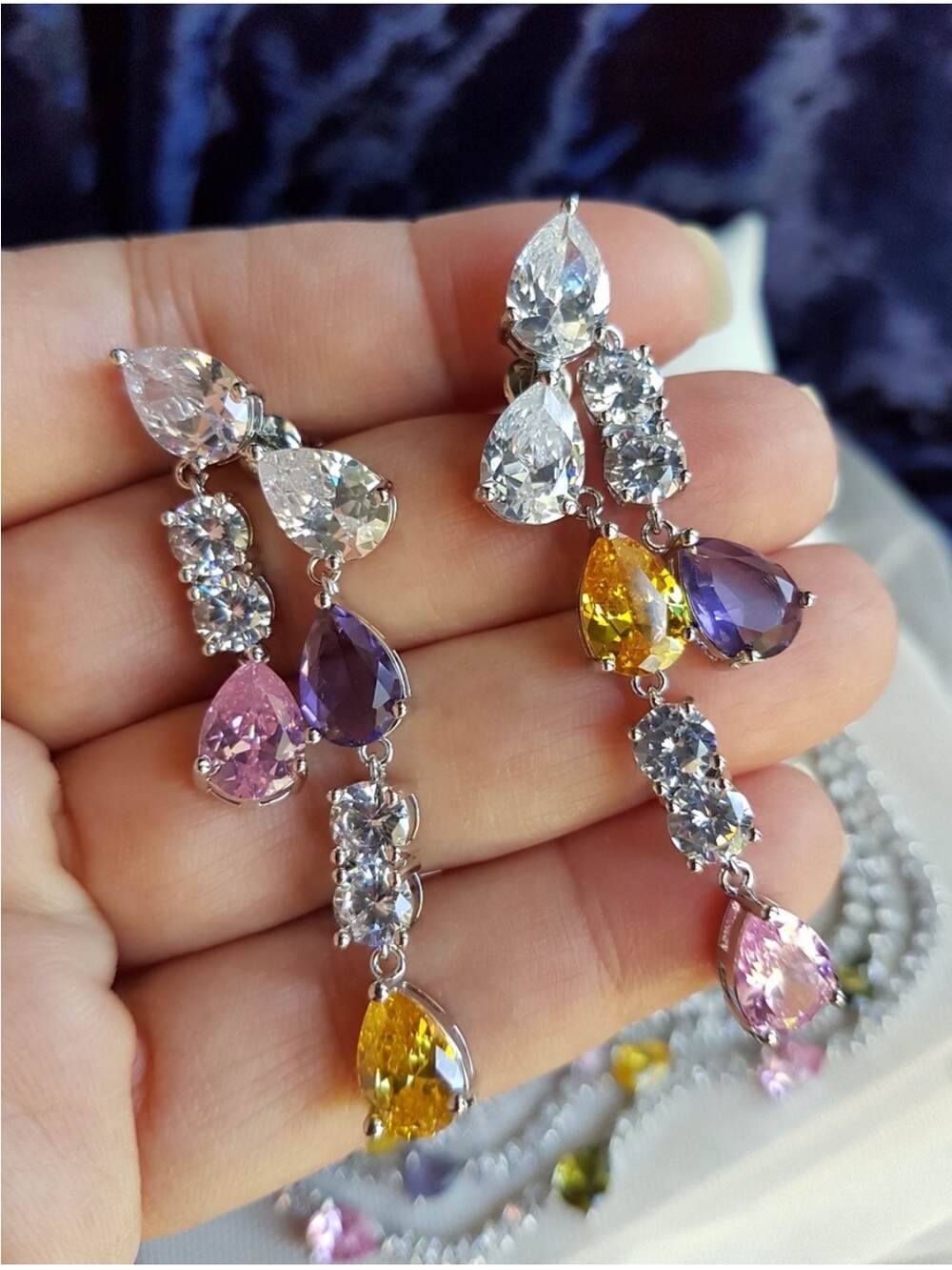 Swarovski Elements Multicolor Teardrop Gem Contemporary Statement Earrings NEW - Picture 11 of 17